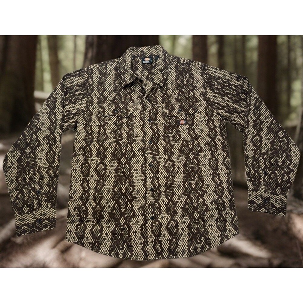 Dickies Brown Snake Print Long Sleeve Button Up Workwear Shirt Men’s Size L